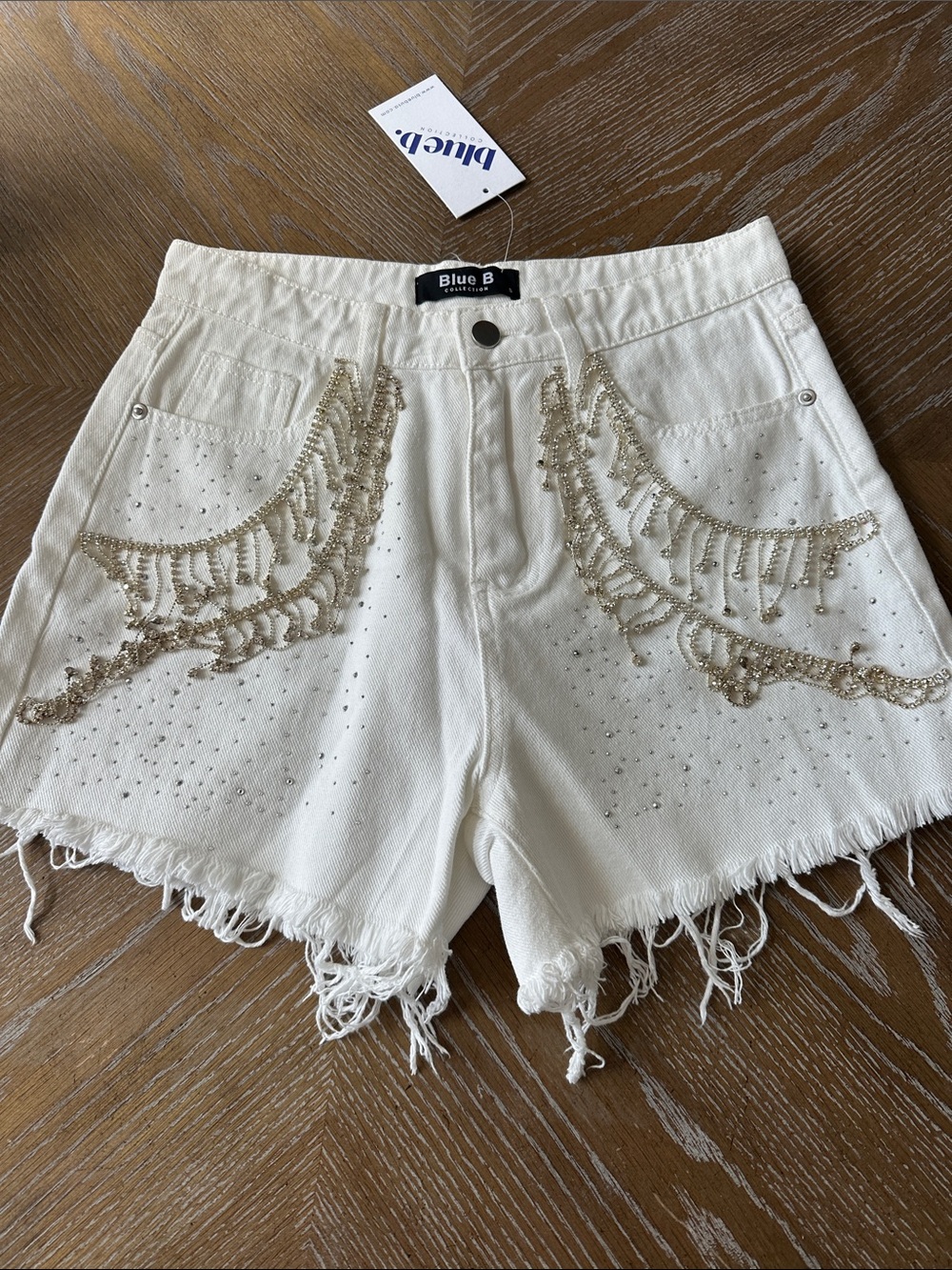 Blue B White Embellished Frayed Hem Jean Shorts